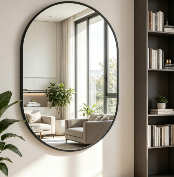 Wall Mounted Oval Pill Mirror, Black Metal Frame, 20 x 30 Inches, for Over Sink Bathroom Decor